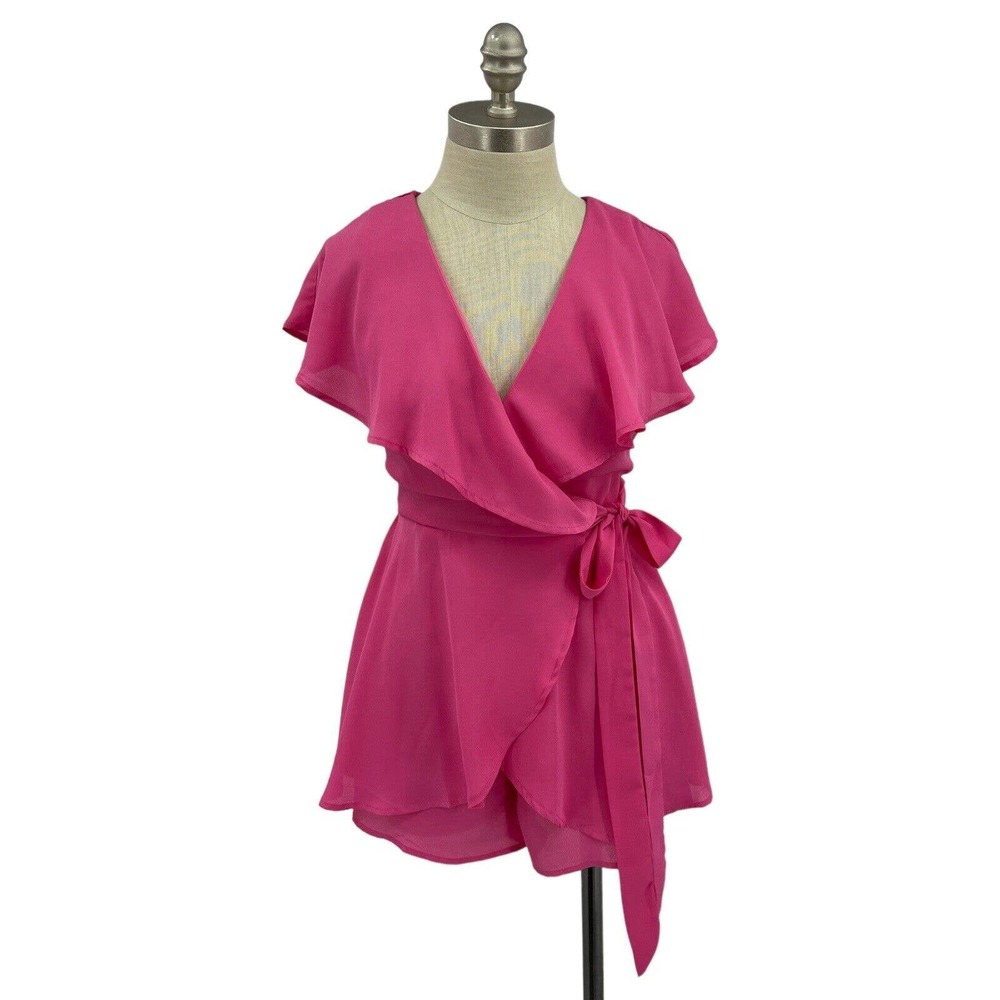 Listicle Hot Pink Romper Shorts Wrap Top Size Small Ruffle Flowy One Piece